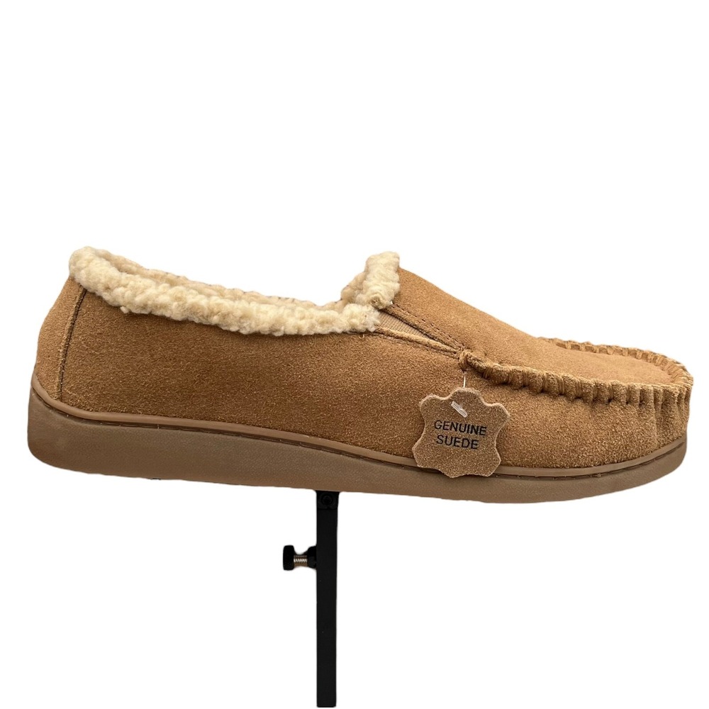 Minnetonka Evan Men's Suede Slippers Size 10 Brown-Tan Slip-On Faux Fur lining